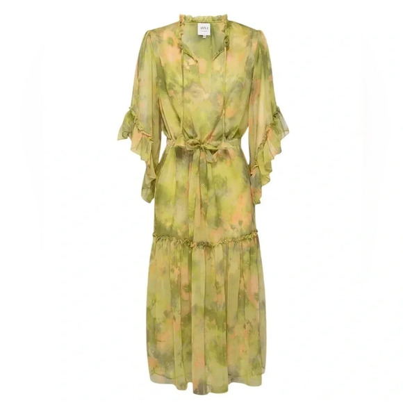 MISA Marcele Chartreuse Abstract Ruffle Midi Dress Size XS NWT - Picture 2 of 10